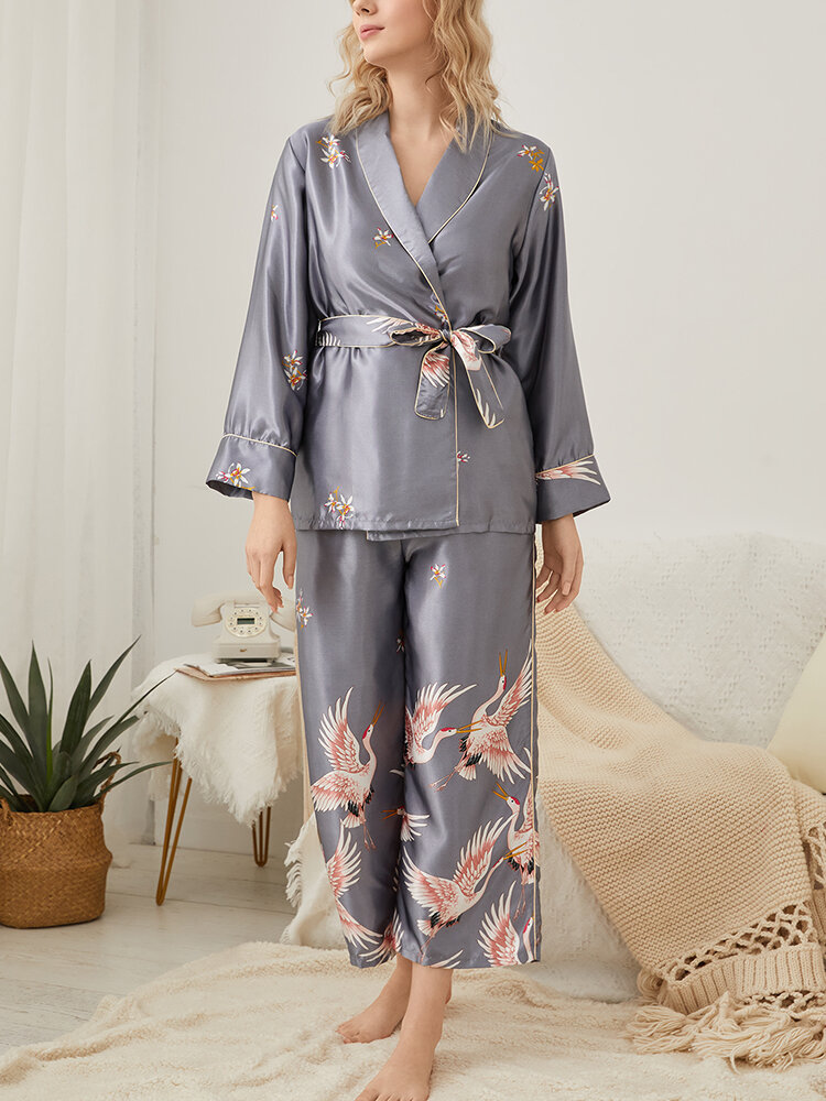 Women Ice Silk Crane Printed Knotted Home Pajamas Sets