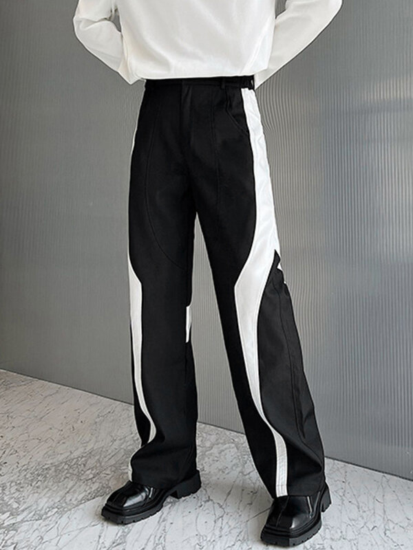 Mens Contrast Patchwork Casual Straight Pants With Pocket