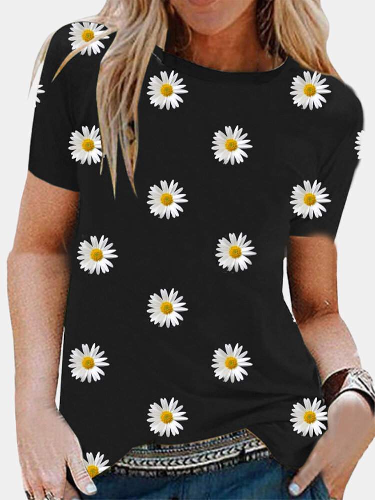 Floral Print Short Sleeve O-neck Casual T-shirt For Women