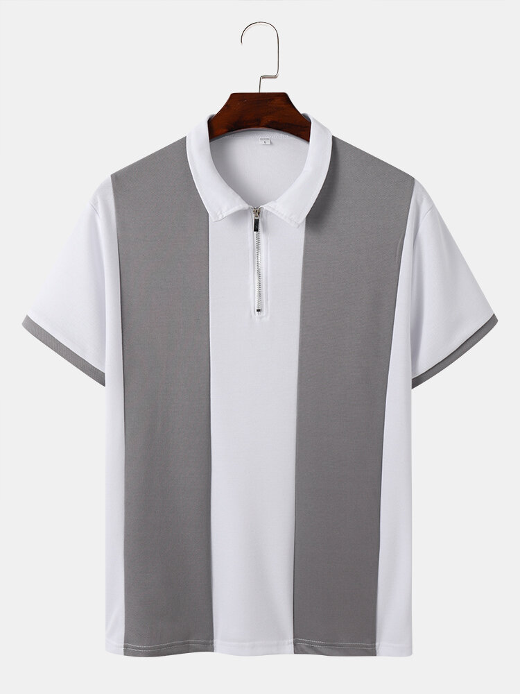 Mens Color Block Patchwork Half Zip Casual Short Sleeve Golf Shirts