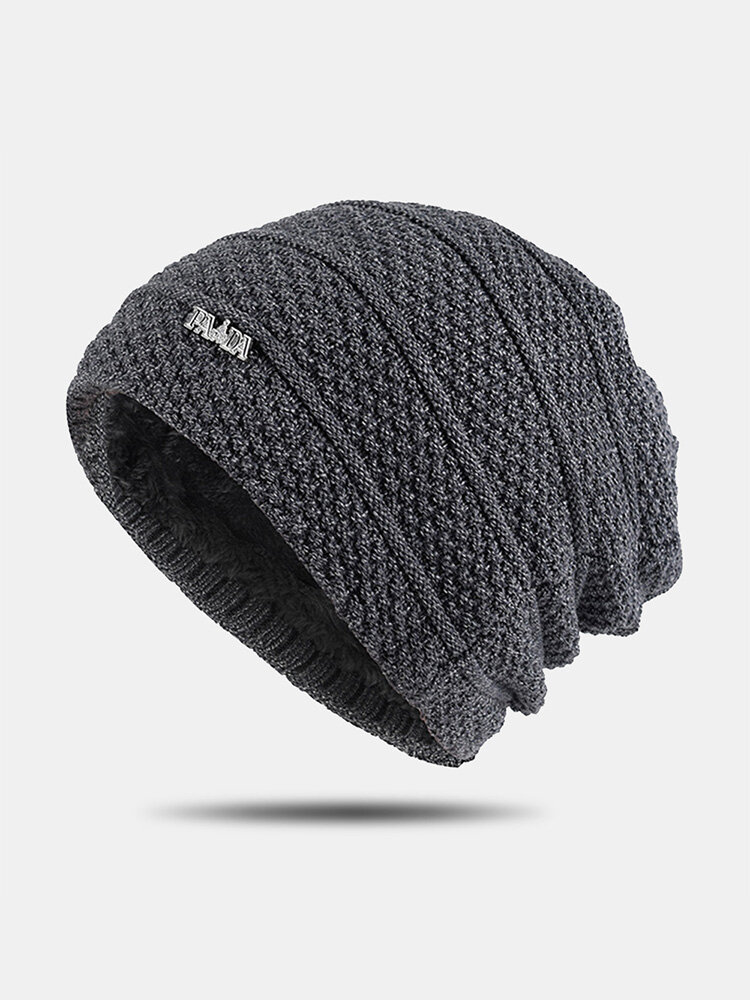 Men Knitted Plus Velvet Solid Color Striped Letter Metal Label Outdoor Warmth Brimless Beanie Hat