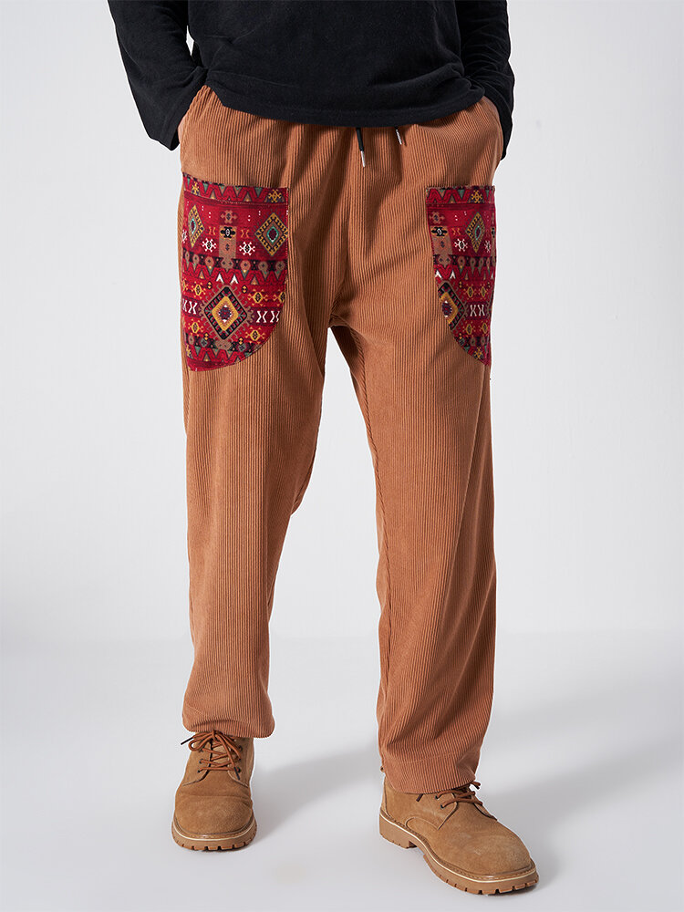 

Mens Ethnic Pocket Designed Hem Cuff Ankle Length Pants, Brown
