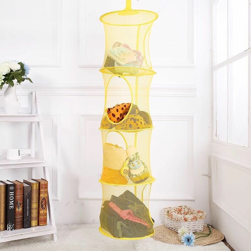 

4 Layer Cylindrical Foldable Hanging Basket Polyester Toy Clothes Organizer Storage Cage Basket, Yellow;blue;gray