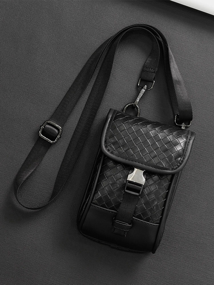 Men Faux Leather Casual Solid Color Weave Mini Crossbody Bag Phone Bag