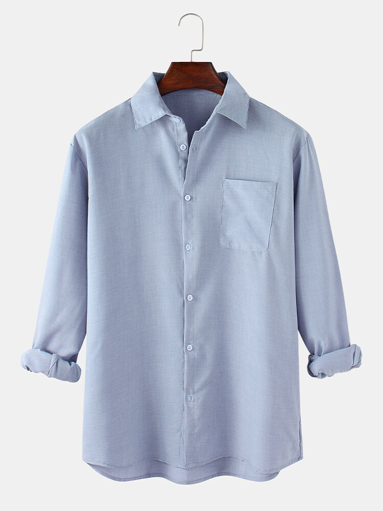 Mens Linen Solid Color Relaxed Fit Basic Long Sleeve Shirts With Pocket