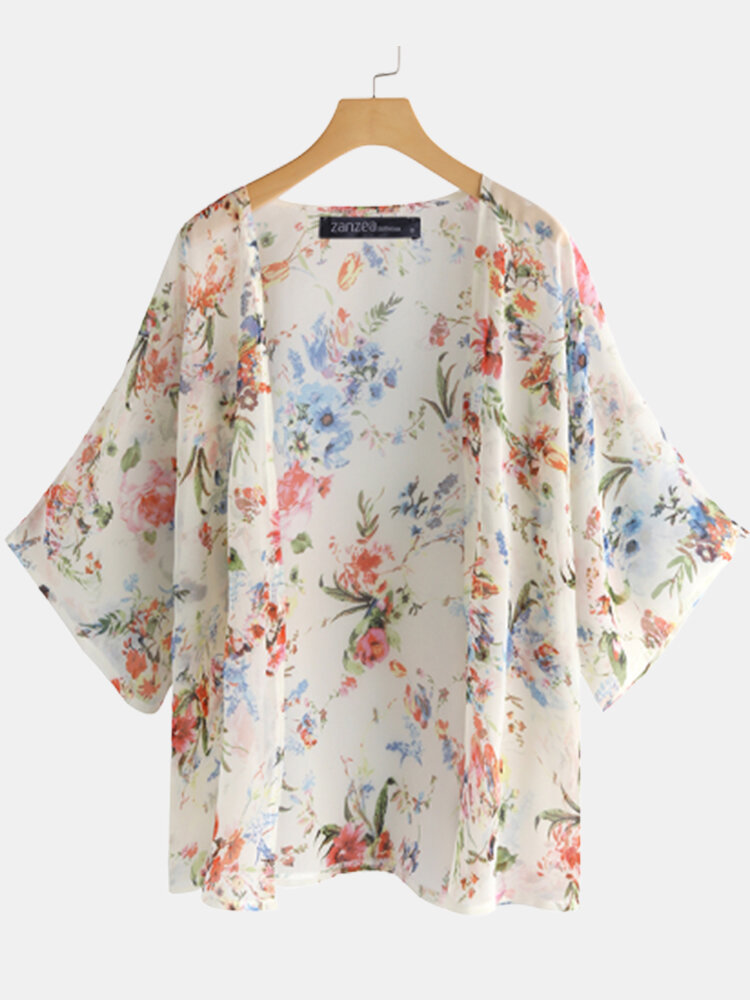 Floral Print Casual 3/4 Sleeve Plus Size Kimono