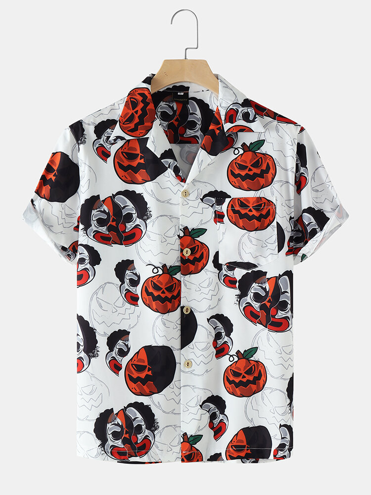 Mens Funny Pumpkin Print Revere Collar Street Short Sleeve Shirts