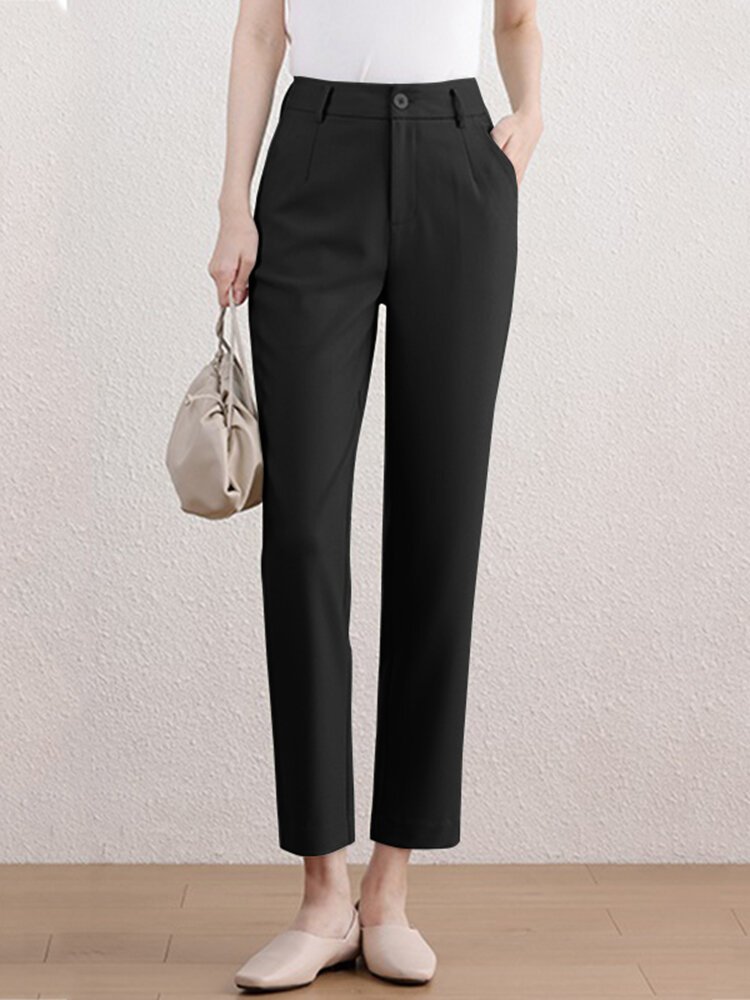 Solid Pocket Button Zip Tailored Pants For Women
