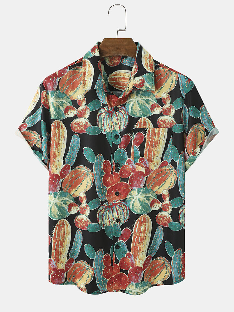 Mens Cactus Print Button Front Holiday Short Sleeve Shirts