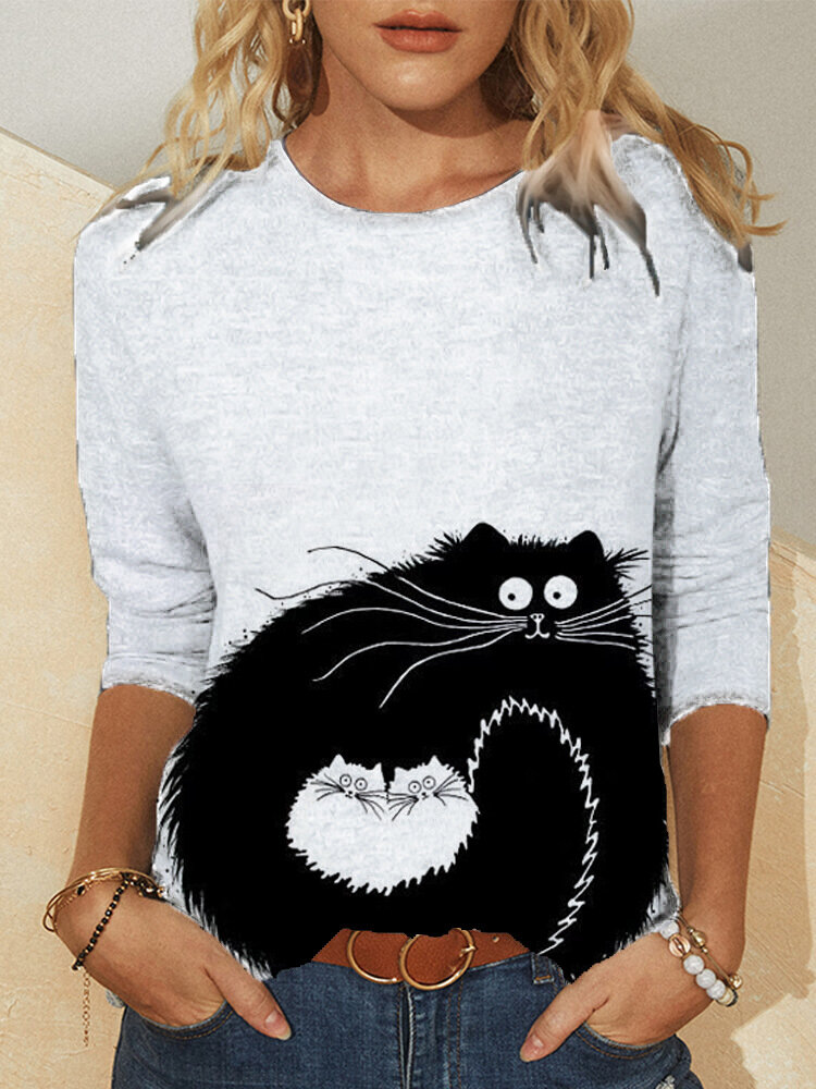 Lovely Cat Print O-neck Long Sleeve Plus Size Blouse for Women