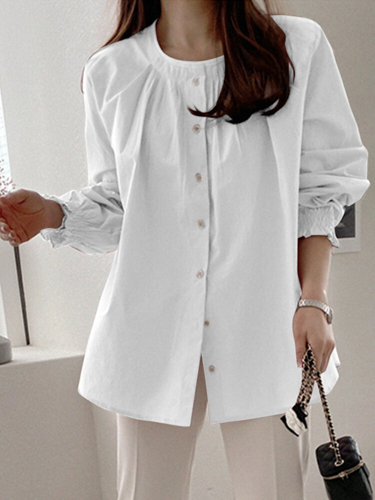 Solid Long Sleeve Loose Crew Neck Blouse