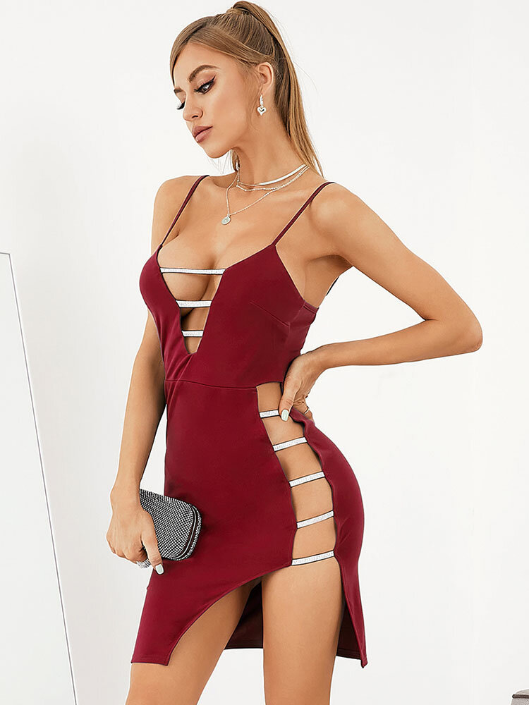 Contrast Color Backless Cut Out Irregular Strap Sexy Dress