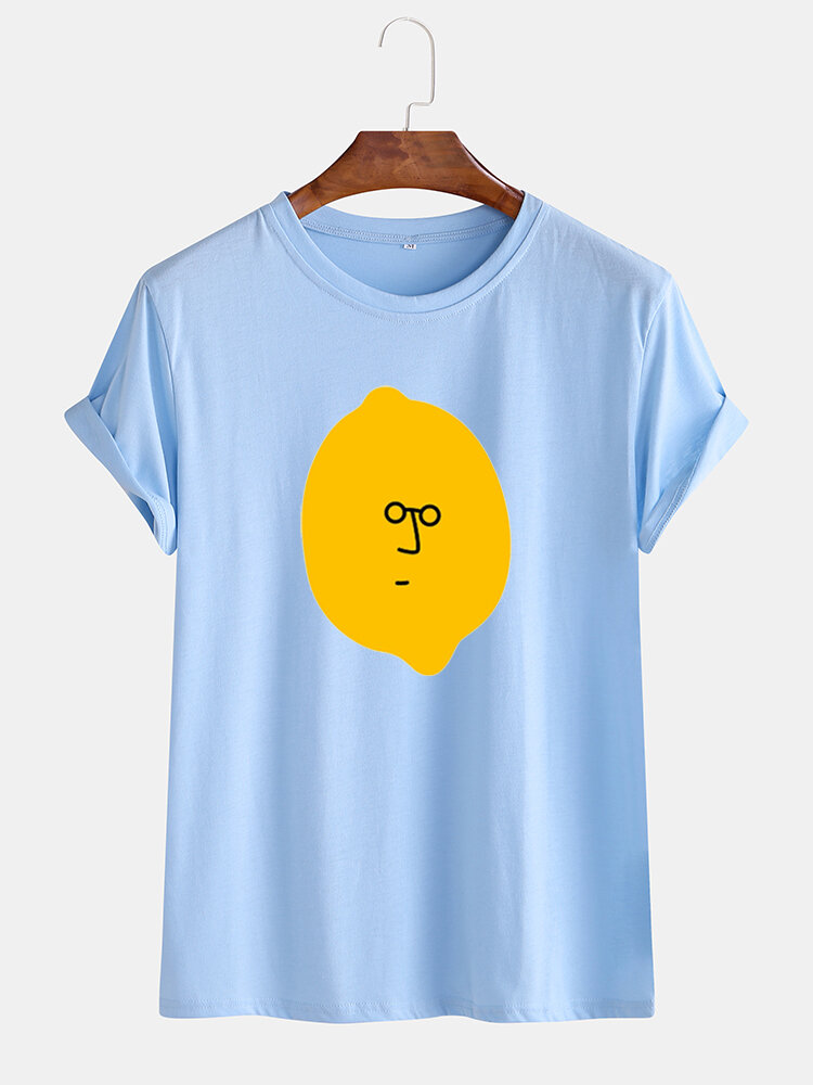 Mens Cartoon Lemon Printed Round Neck Casual Short Sleeve T-shirts