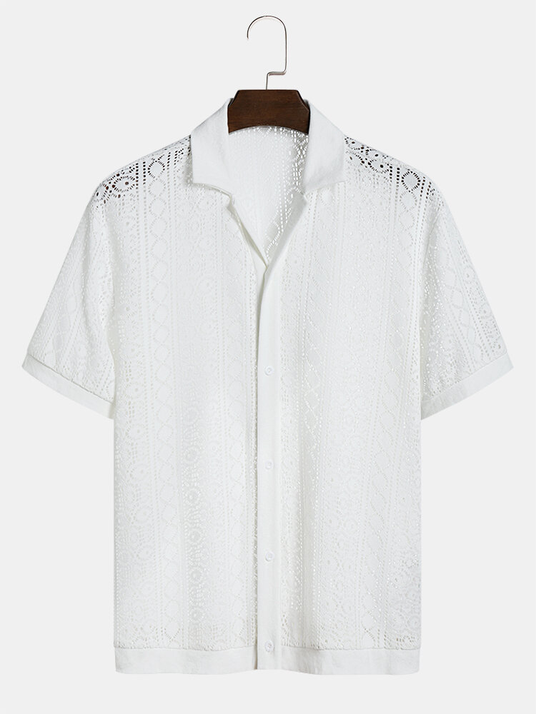 

Mens Crochet Designed See Through Revere Collar Short Sleeve Shirts, White
