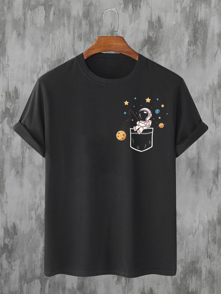 Herren-T-Shirt mit Rundhalsausschnitt und Cartoon-Astronauten-Muster, kurzärmelig