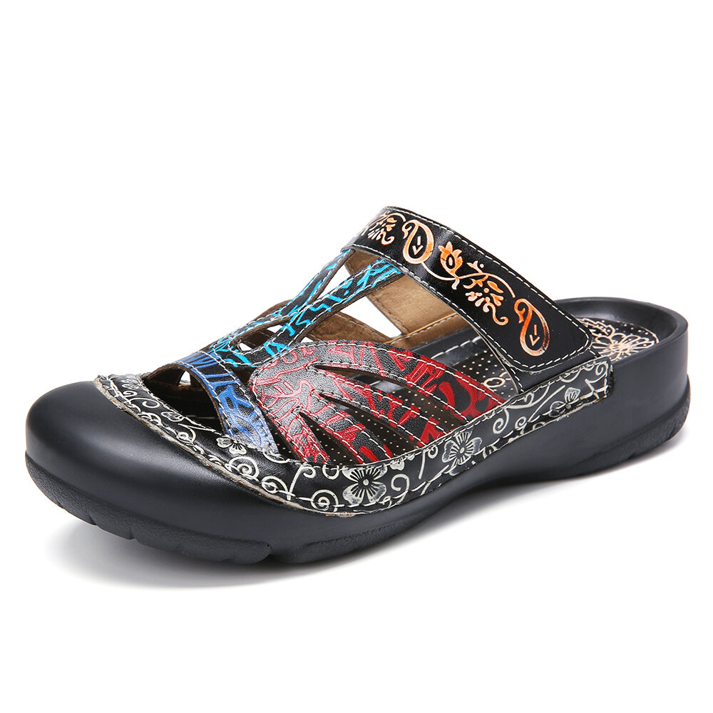 Leather Floral Cutout Adjustable Strap Slip on Mules Clogs Flat Slides Sandals