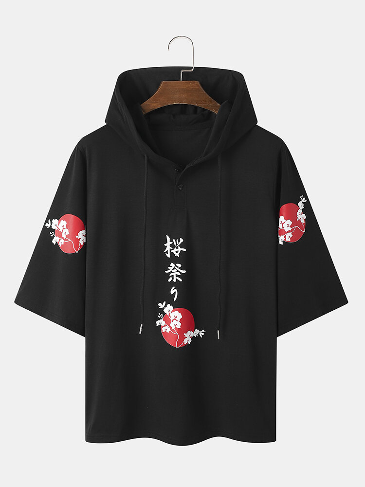 Mens Cherry Blossoms Japanese Print Button Half Sleeve Hooded T-Shirts