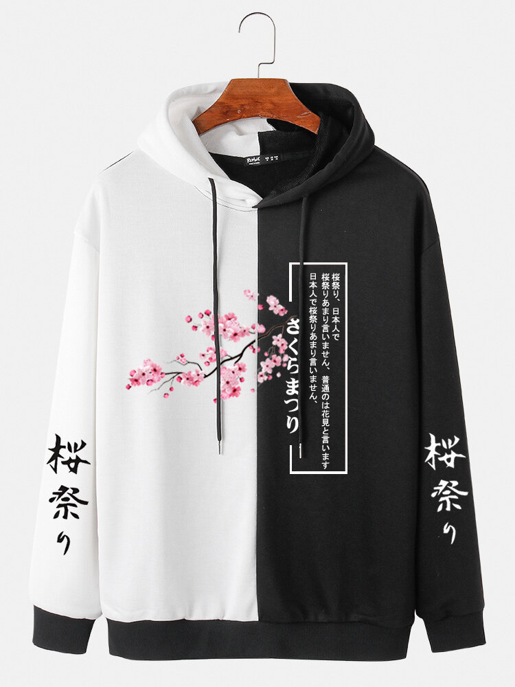 Mens Cherry Blossoms Japanese Print Two Tone Patchwork Street Drawstring Hoodies