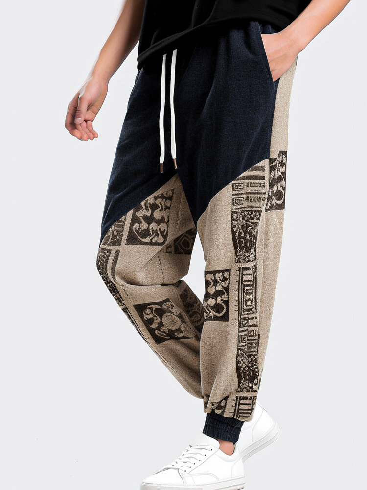 Pantalon ample à motif ethnique pour hommes, patchwork à la taille avec cordon de serrage