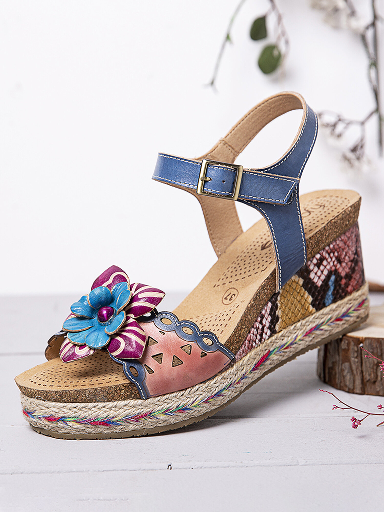 SOCOFY Leather Snakeskin Print Beaded Floral Cutouts Buckle Ankle Strap Wedge Sandals Espadrilles