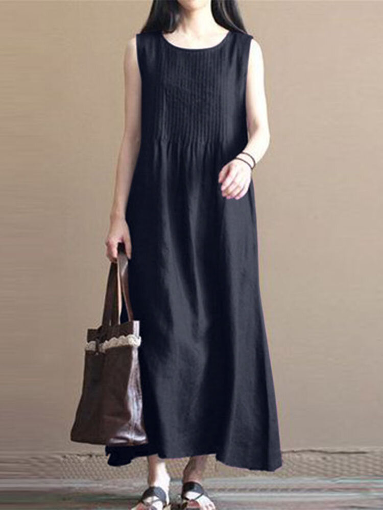 Women Solid Crew Neck Pleated Sleeveless Casual Dress