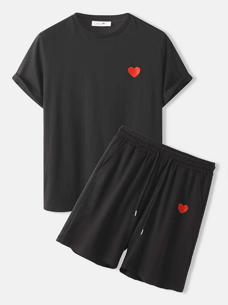 Mens Heart Embroidery Short Sleeve Pocket Drawstring Black Two Piece Outfits