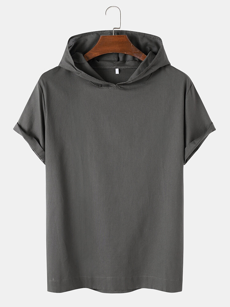 Mens Solid Color Basics Short Sleeve Hooded T-Shirt