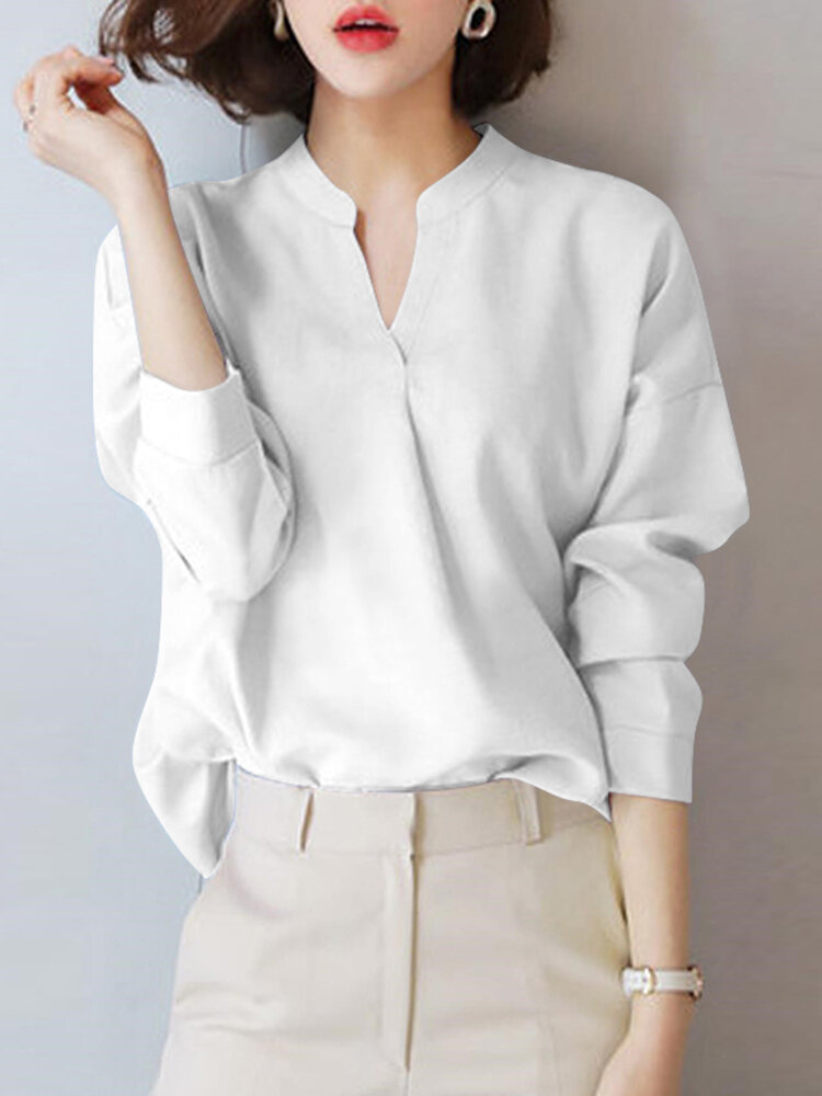 Women Solid Stand Collar Long Sleeve Blouse