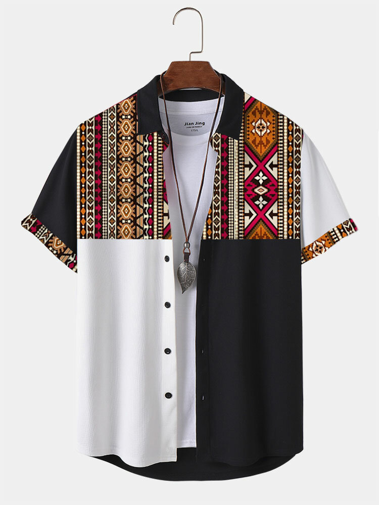 पुरुषों की जातीय ज्यामितीय प्रिंट पैचवर्क लैपल छोटी बांह की शर्ट