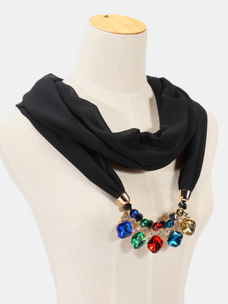 Ethnic Chiffon Scarf Necklace Colorful Crystal Charm Necklace Casual Accessories Gift Necklace