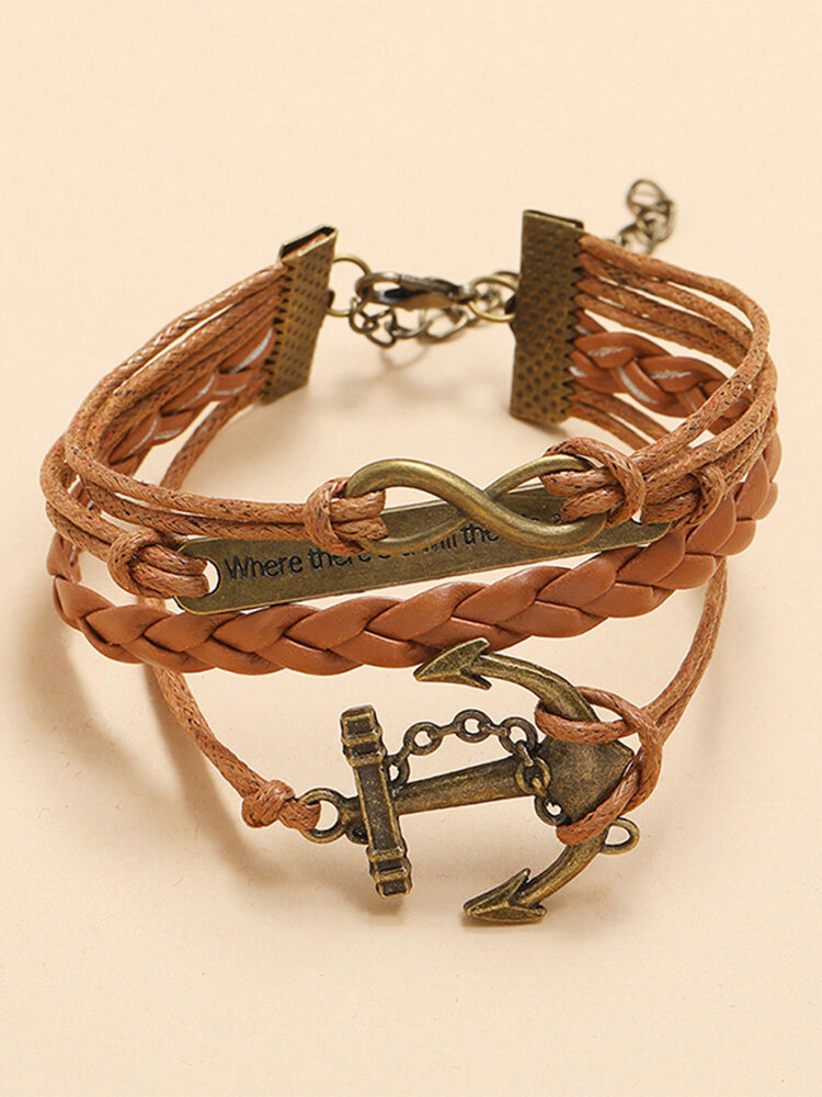 Vintage Anchor-shape Weave Wax Rope Alloy PU Bracelet