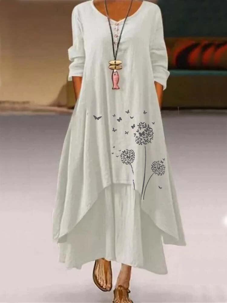 Damen-Langarmshirt aus Baumwolle mit Pflanzen-Schmetterlings-Print und mehrlagigem Saum Kleid