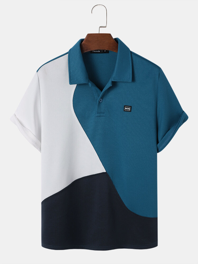 Mens Color Block Stitching Applique Preppy Short Sleeve Golf Shirts