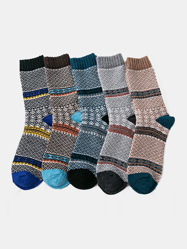 5 Pairs Men Rabbit Fur Wool Blend Argyle Pattern Jacquard Thicken Breathable Warmth Socks