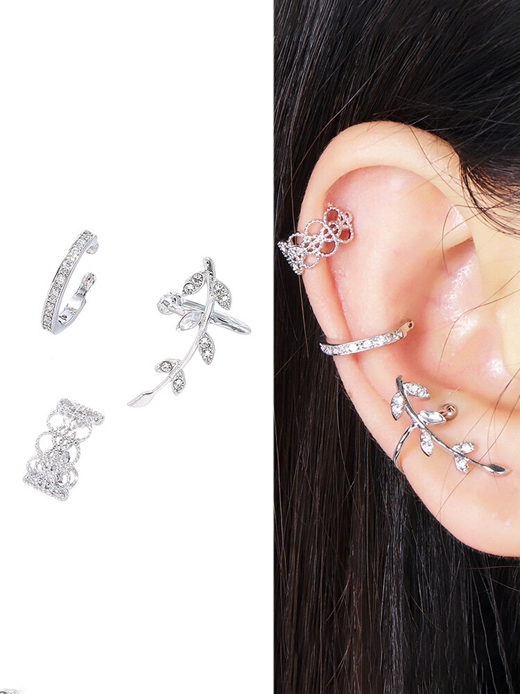 Fashion 3 Pcs Ear Clip Earrings Hollow Geometric Silver Leaf Zircon Ear Cuff Earrings for Women