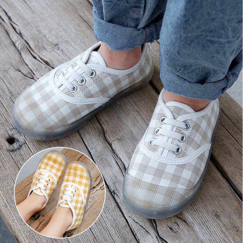 

Girls Plaid Canvas Daisy Jelly Sole Comfy Soft Casual Flat Shoes, Beige;pink;green;yellow