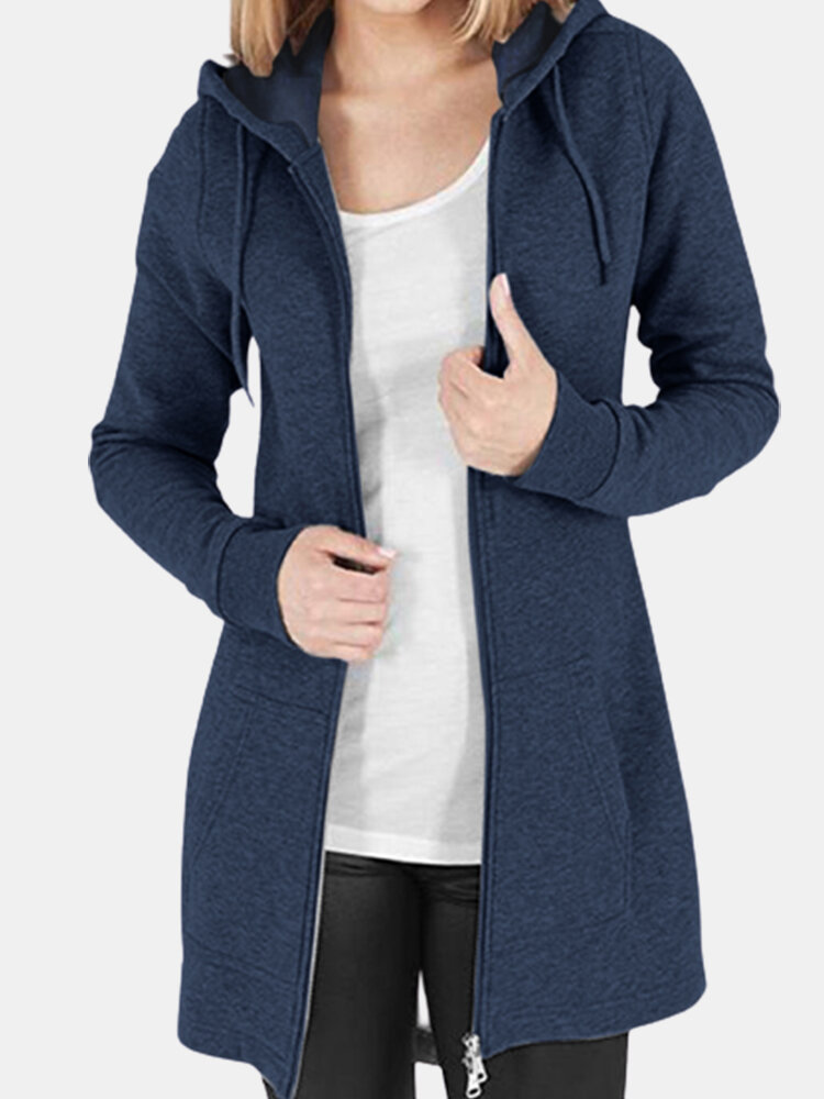 Casual Solid Color Drawstring Zipper Hooded Plus Size Coat