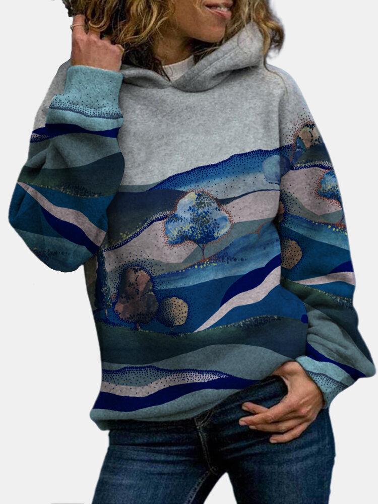 Landscape Printed Long Sleeve Casual Hoodie For Women