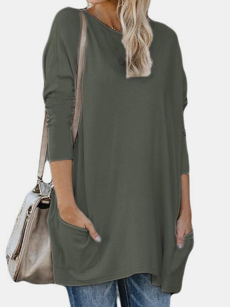 

Casual Solid Color Pocket Loose Blouse Long Sleeve Brief T-Shirt, Black;gray;rose;yellow;pink;army green;navy;blue;lake green;wine red