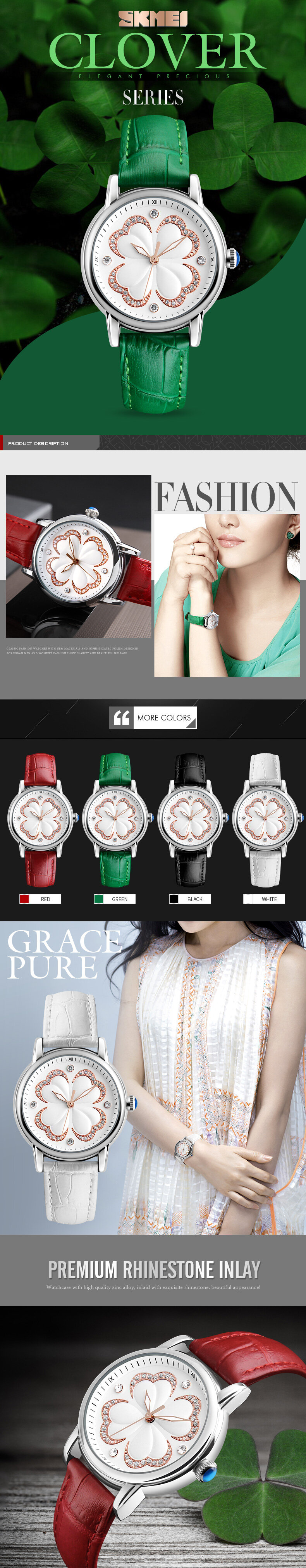 Casual Women Watches Leather Strap Casual Dress Quartz Watch Four-leaf Clover Watch