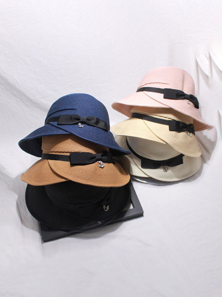 Bow Knot Straw Hat Lady Day Sun Hat Collapsible Basin Cap Beach Vacation Beach Hat Female