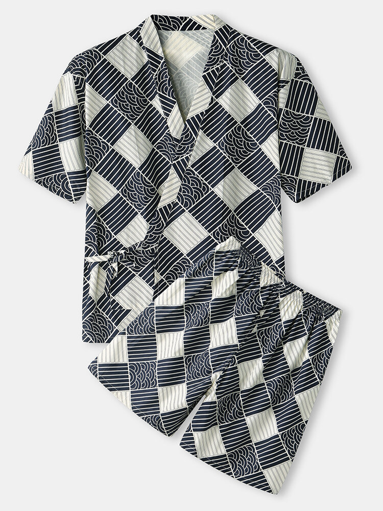 Mens Geometric Pattern Cotton Comfy Short Sleeve Sauna Clothes от Newchic WW