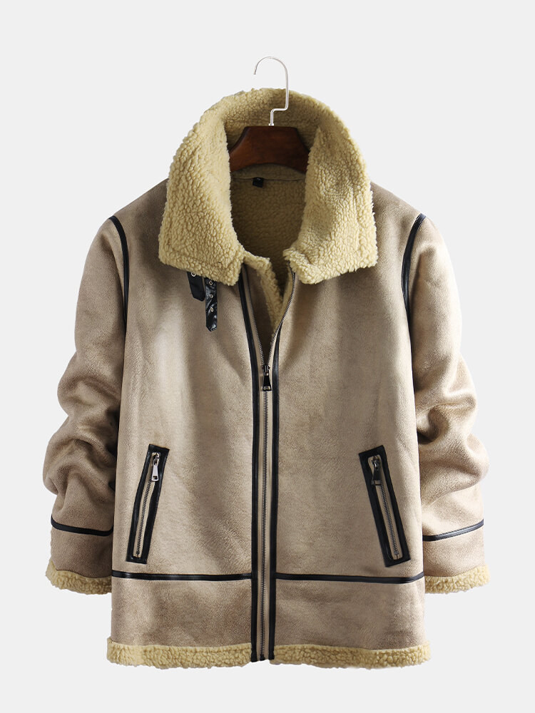 Mens Leather Suedes Jackets Fleece Lined Warm Zipper Shearling Coats