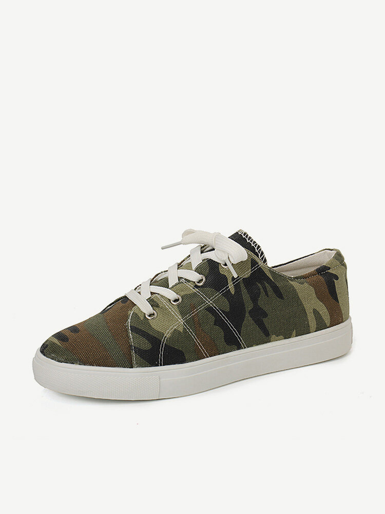 Plus Size Women Casual Army Green Canvas Lace Up Flat Sneakers