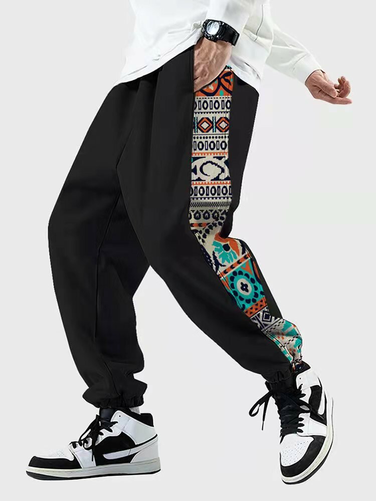 Pantaloni sportivi da uomo con coulisse casual con stampa laterale geometrica vintage