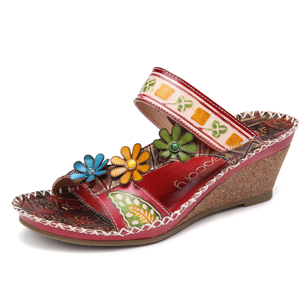 Handmade Leather Beaded Floral Adjustable Strap Stitching Slip on Slides Wedge Sandals