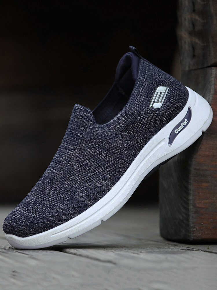 Men Soft Sole Round Toe Wearable Knitted Fabric Walking Shoes