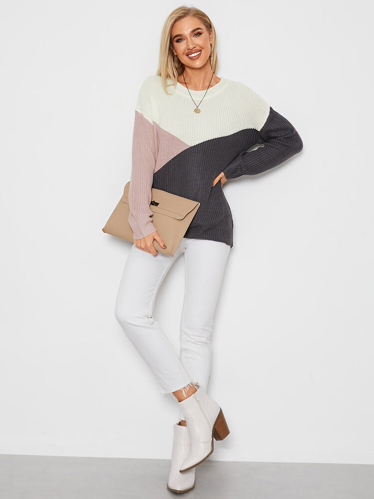 Contrast Color Stitch Loose Long Sleeve Crew Neck Sweater