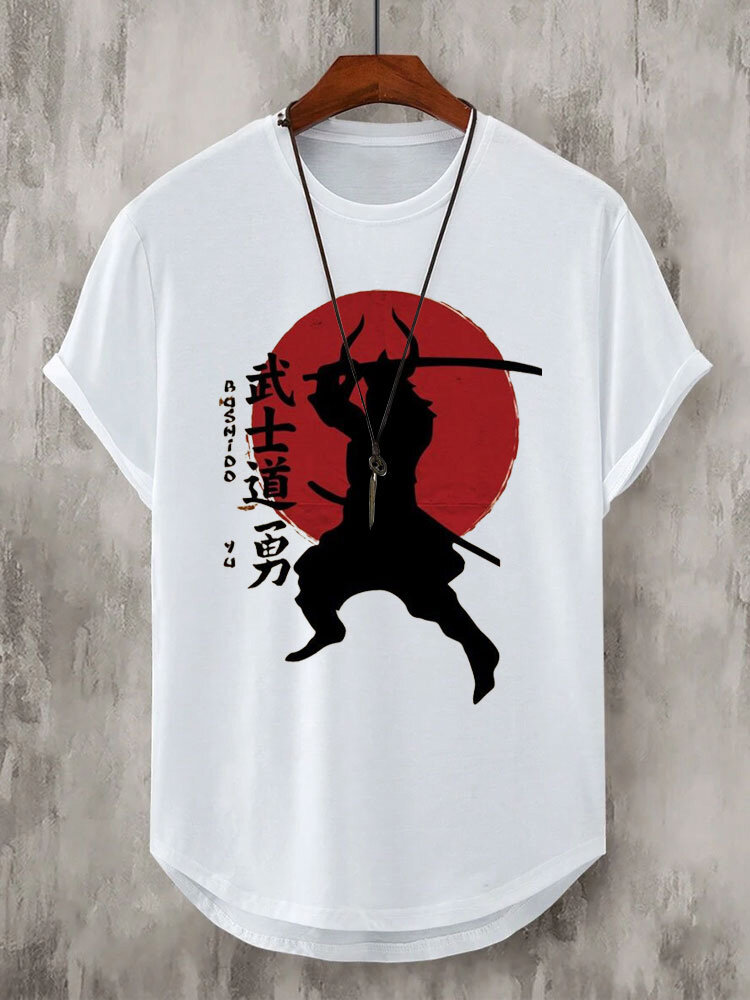 Herren-T-Shirts mit japanischem Kriegerfiguren-Aufdruck, Rundhalsausschnitt, abgerundetem Saum und kurzen Ärmeln
