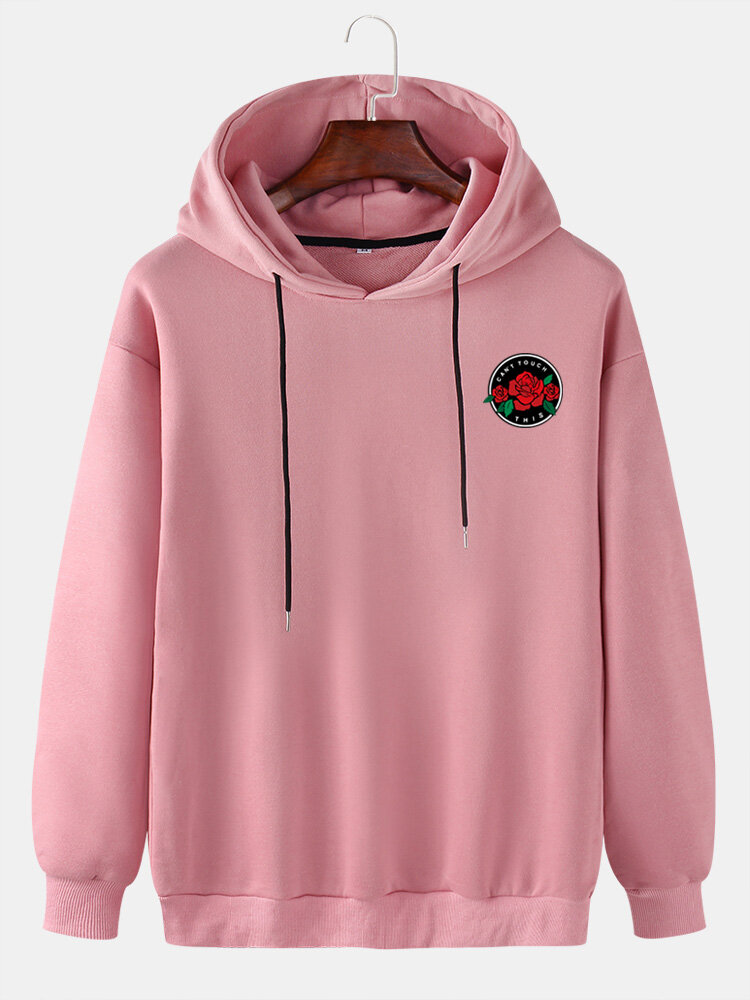 Mens Rose Pattern Solid Loose Drawstring Pullover Casual Hoodie